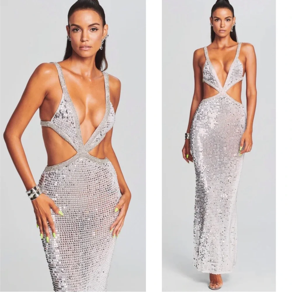Retrofete Morgan Crystal and Sequin Embellished Cutout Crochet Maxi Dress Size S - Picture 2 of 10